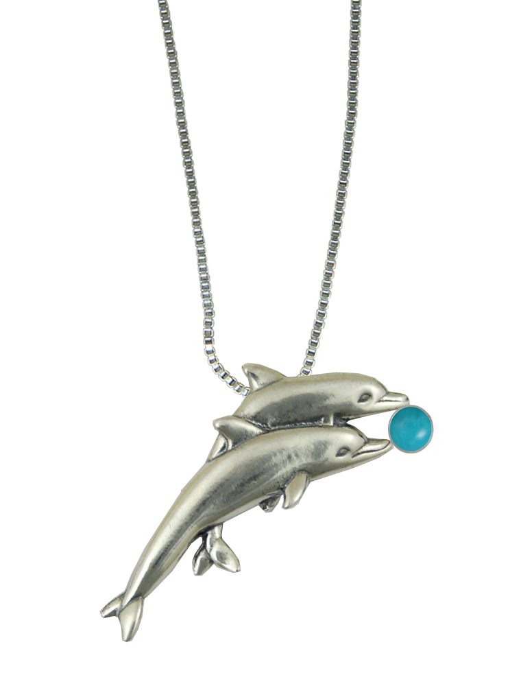 Sterling Silver Pair of Dolphins Pendant With Turquoise